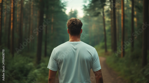 man walks along serene forest path, surrounded by tall trees and soft light filtering through leaves, evoking sense of peace and solitude.