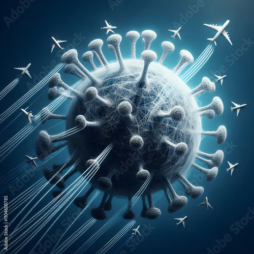 Airborne Diseases: A virus made of airplane trails, symbolizing the global spread of infections