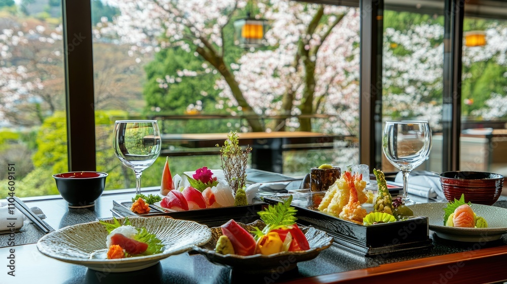 Elegant Japanese Cuisine with Fresh Sushi and Cherry Blossom View Elegant Japanese Cuisine with Fresh Sushi and Cherry Blossom View