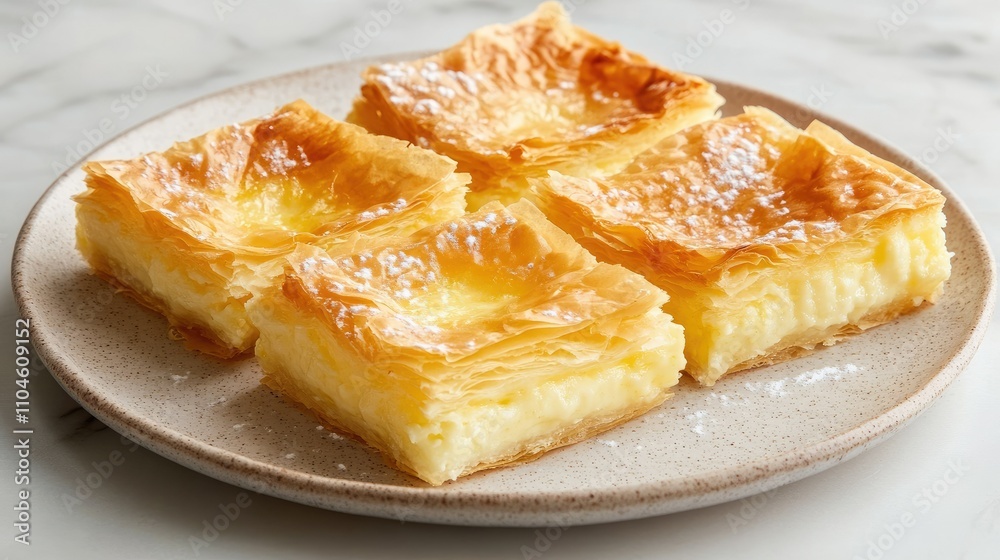 Creamy Custard Squares on a Beige Plate with Rustic Background Creamy Custard Squares on a Beige Plate with Rustic Background