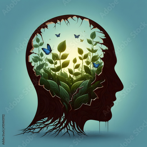 Mental Health: A shattered head silhouette with growing plants inside, symbolizing recovery and resilience