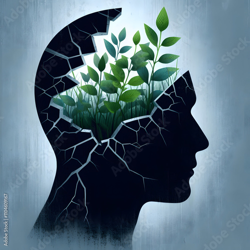 Mental Health: A shattered head silhouette with growing plants inside, symbolizing recovery and resilience