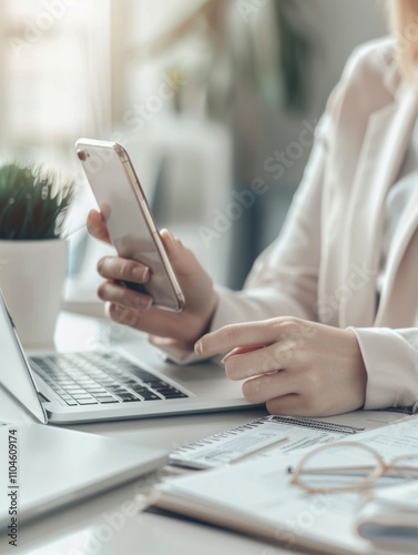 Woman is sitting at a desk with a laptop and a cell phone. She is holding the cell phone in her hand and she is checking it