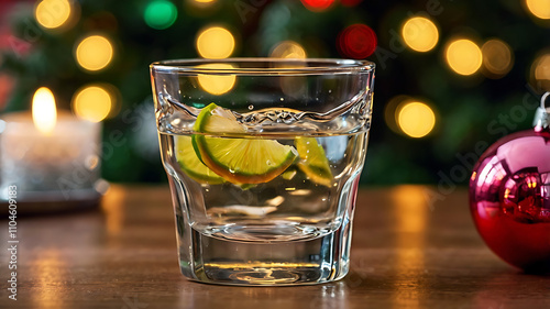 Festive cocktail with lime slices in a rocks glass on a wooden table with Christmas lights and ornaments in the background.