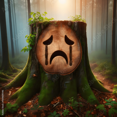 Deforestation: A tree stump shaped like a crying face, symbolizing the loss of forests and its emotional toll on nature