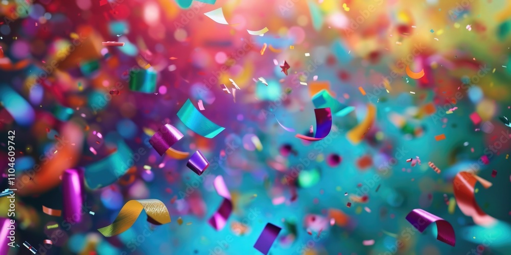 Colorful explosion of confetti is falling from the sky. The confetti is in various colors and shapes, creating a festive and celebratory atmosphere Colorful explosion of confetti is falling from the sky. The confetti is in various colors and shapes, creating a festive and celebratory atmosphere