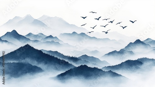 Painting of a mountain range with a flock of birds flying over it. The mood of the painting is serene and peaceful, as the birds soar over the mountains, creating a sense of freedom and tranquility