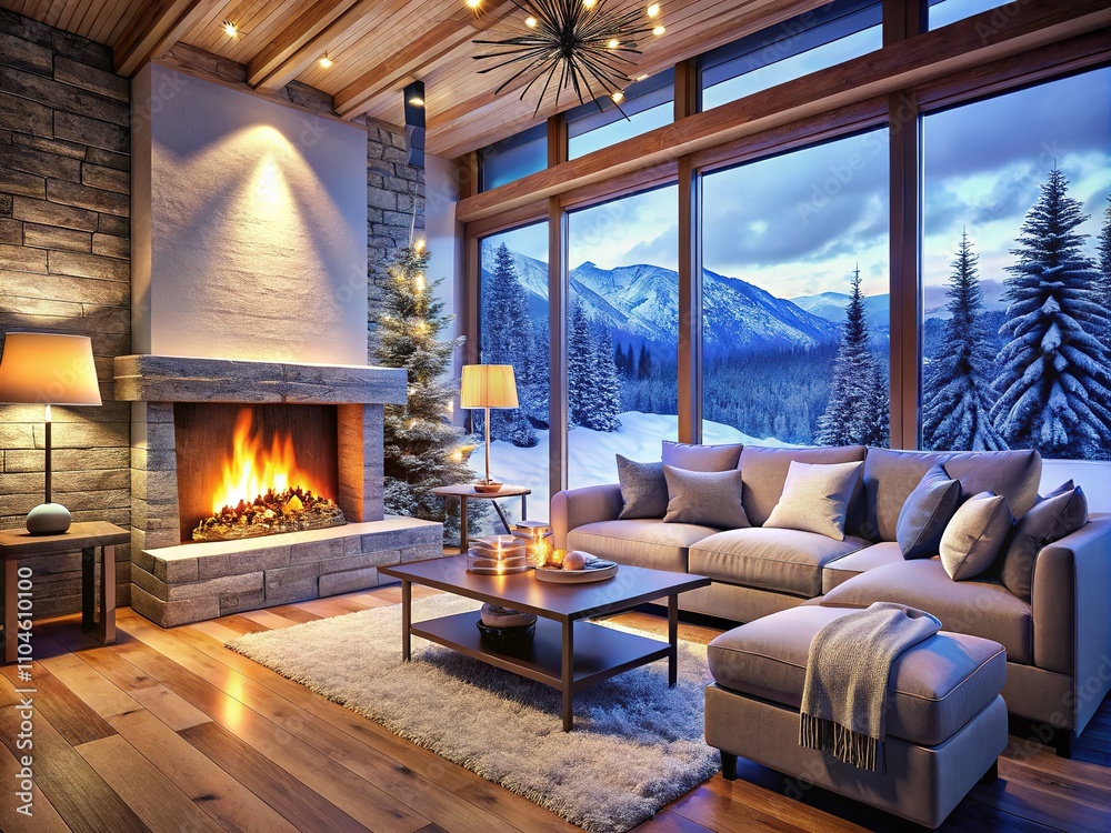 Cozy Modern Chalet Living Room with Fireplace - AI Photorealistic Cozy Modern Chalet Living Room with Fireplace - AI Photorealistic
