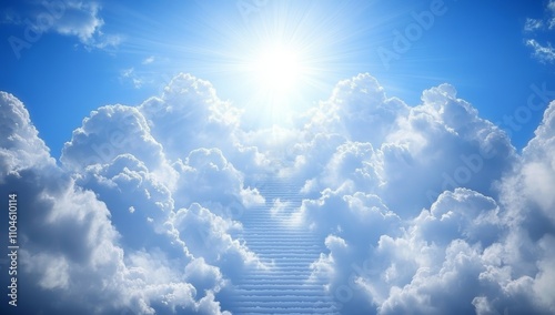 Heavenly Staircase to Radiant Sky with Brilliant Light Sunbeams and White Clouds photo