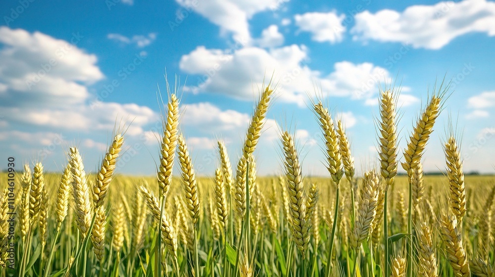 Golden Wheat Field Under Bright Blue Sky with Fluffy Clouds Golden Wheat Field Under Bright Blue Sky with Fluffy Clouds