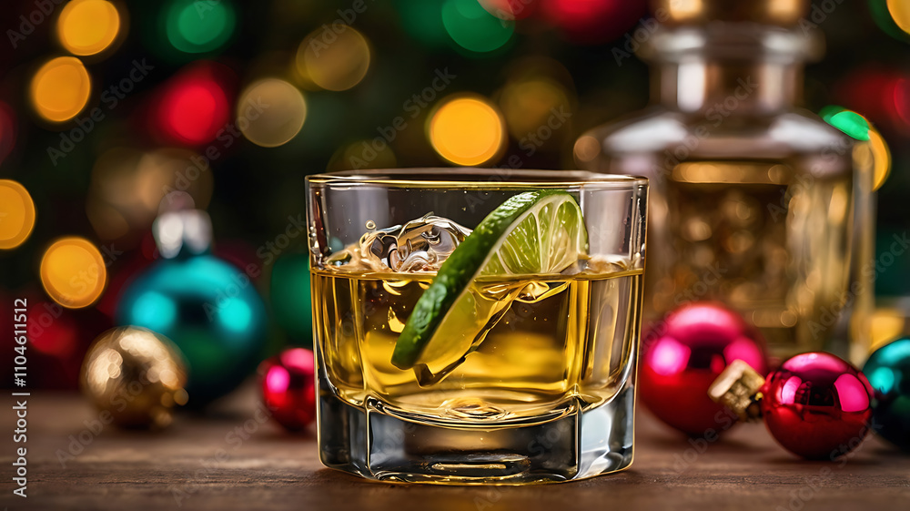 Festive whiskey drink with lime in rocks glass, Christmas ornaments bokeh background. Festive whiskey drink with lime in rocks glass, Christmas ornaments bokeh background.