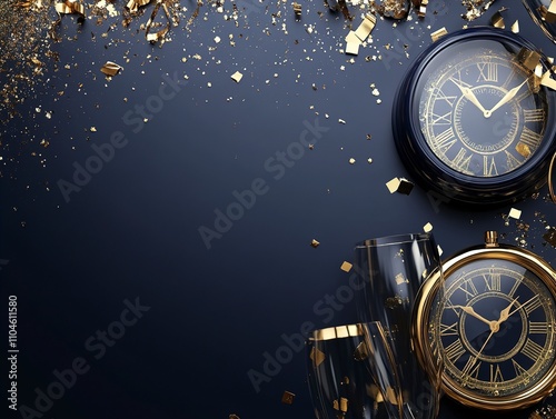 Midnight Celebration Elegant New Year's Eve Background with Clocks and Champagne Flutes