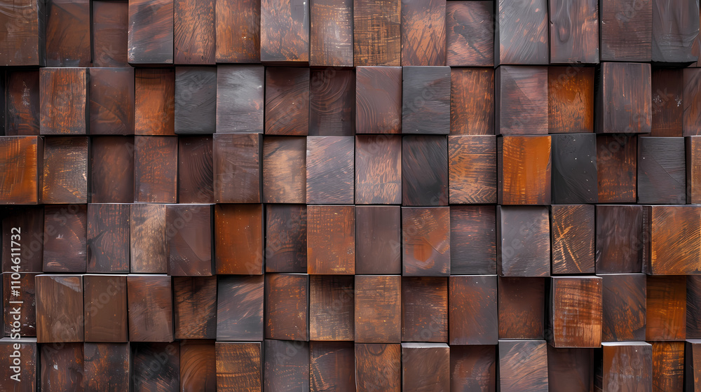 Rustic Wood Block Wall: A captivating backdrop of rich brown wood blocks arranged in an intriguing geometric pattern, showcasing a natural, textured surface. Rustic Wood Block Wall: A captivating backdrop of rich brown wood blocks arranged in an intriguing geometric pattern, showcasing a natural, textured surface.