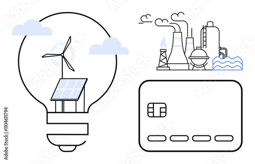 Wind turbine and solar panel inside light bulb, fossil fuel plant emitting smoke, and credit card. Ideal for sustainability, energy, finance, environment, technology ecology green initiatives. Line