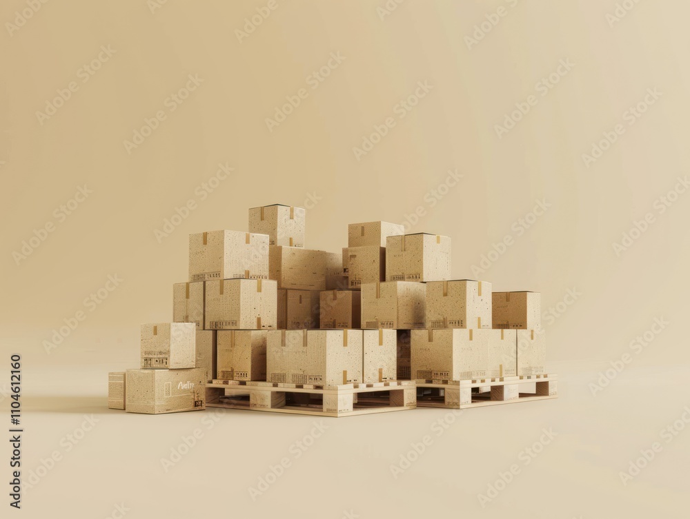 A stack of cardboard boxes on pallets against a beige background. A stack of cardboard boxes on pallets against a beige background.