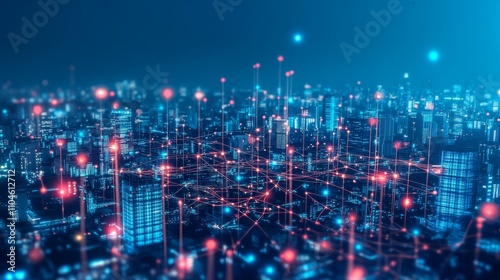 Futuristic Cityscape with Digital Connectivity and Neon Lights