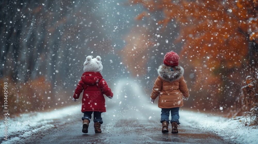Joyful Children Exploring a Snowy Winter Wonderland Together Joyful Children Exploring a Snowy Winter Wonderland Together