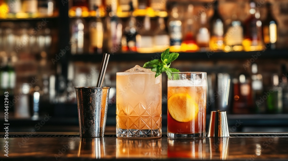A stylish bar scene featuring three distinct cocktails on a wooden counter. A stylish bar scene featuring three distinct cocktails on a wooden counter.