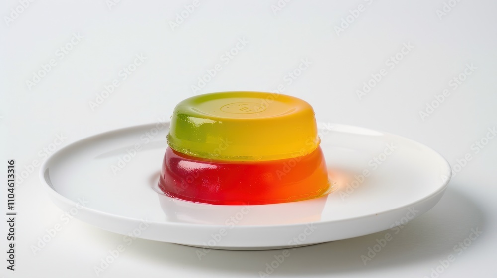 A colorful gelatin dessert layered in a bowl, served on a white plate. A colorful gelatin dessert layered in a bowl, served on a white plate.