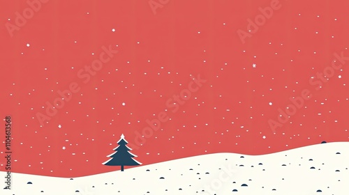 Minimalist winter scene a single evergreen tree on a snow-covered hill under a red snowy sky. photo