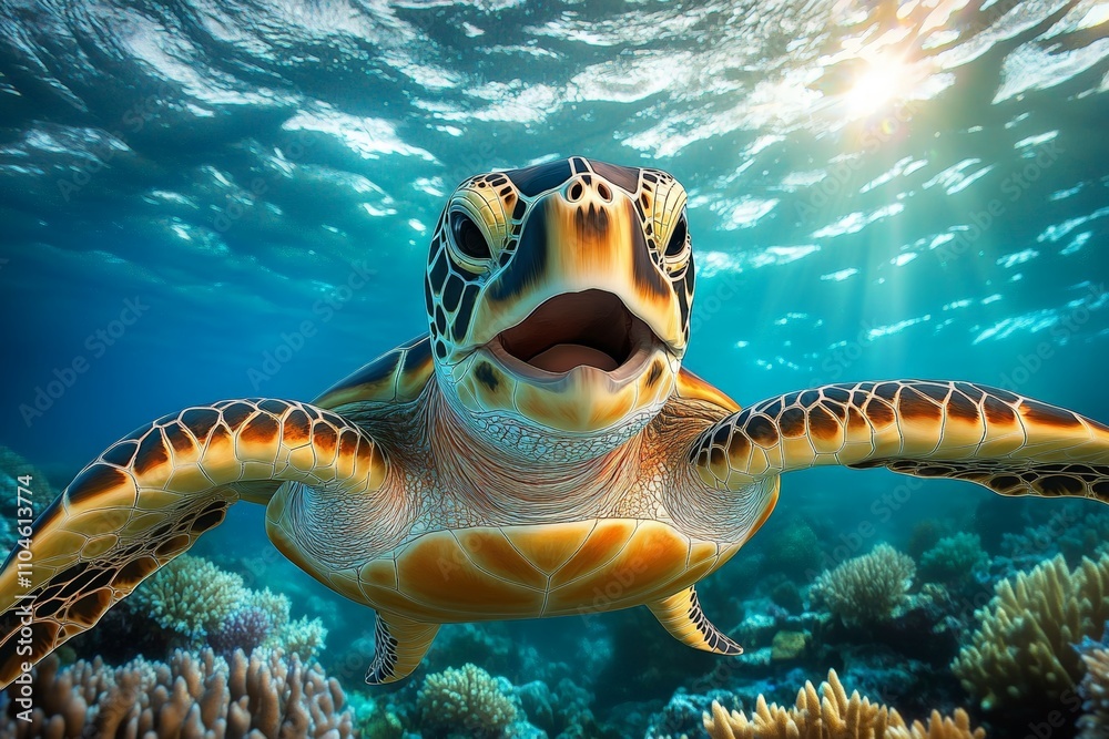 Obraz premium Close-Up of a Majestic Sea Turtle Swimming Underwater