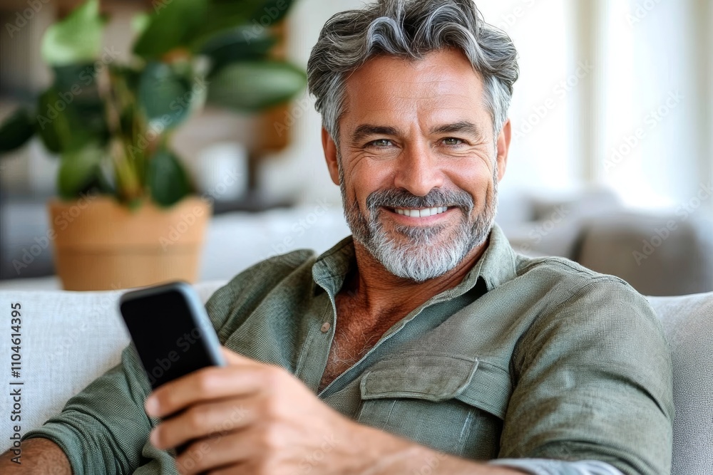 Happy middle aged man smiling holding smartphone sitting on light couch in bright living room using mobile phone for social media and online shopping