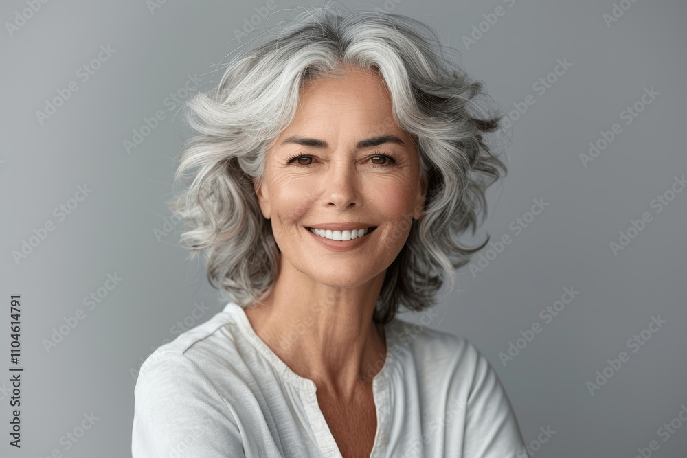 Beautiful Elderly Woman with Gray Hair Smiling in Studio Portrait