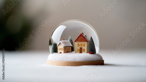 charming snow globe featuring miniature houses and trees, evoking cozy winter atmosphere. Perfect for holiday decor or seasonal themes. photo