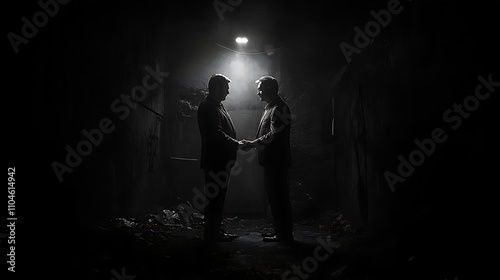 Two Men Contemplating in a Dark, Foggy Alleyway - Dramatic Black and White Photography AI Generated