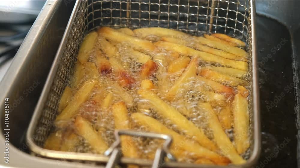 Close up of french fries is cooking into deep fryer. Crunchy potatoes is frying in hot boiling oil at cuisine. Process of making fast food at kitchen. Food preparing concept. potatoes are deep fried