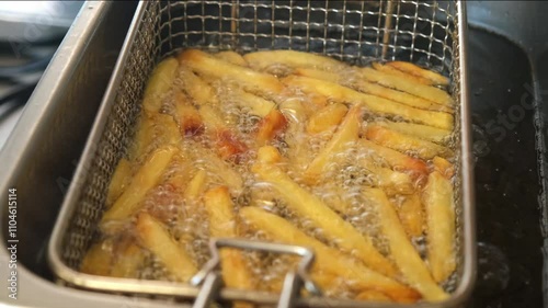 Close up of french fries is cooking into deep fryer. Crunchy potatoes is frying in hot boiling oil at cuisine. Process of making fast food at kitchen. Food preparing concept. potatoes are deep fried