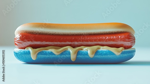 A colorful hot dog with a vibrant bun and sauce, showcasing playful food design. photo