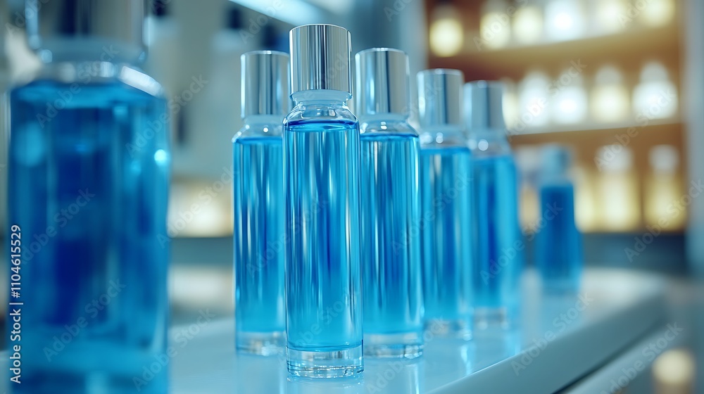 Close up of test tubes filled with blue liquid, Glass test tube filled background Close up of test tubes filled with blue liquid, Glass test tube filled background