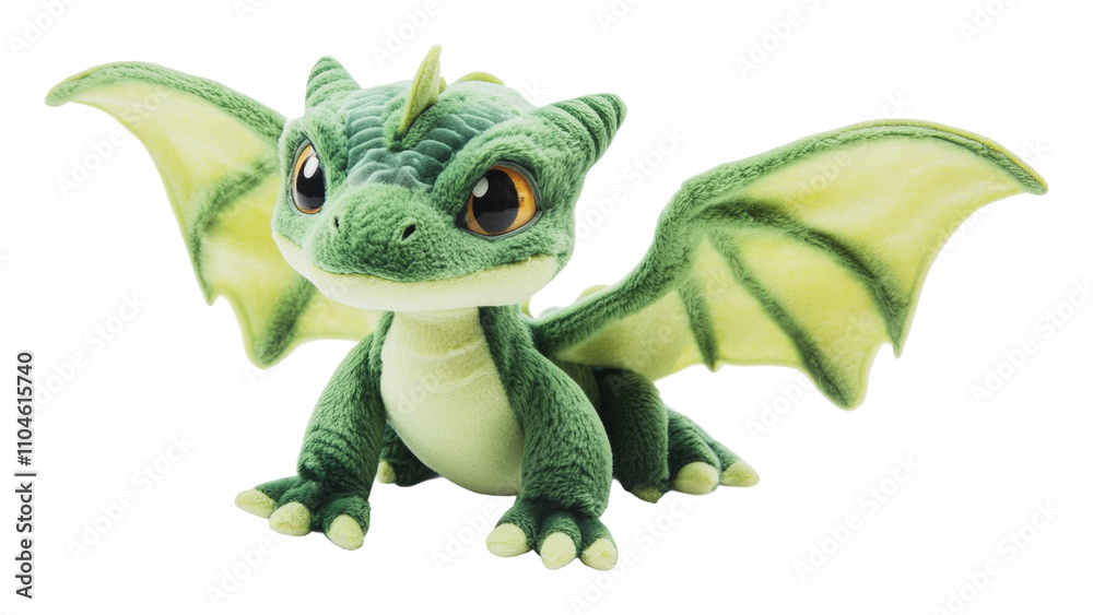 Fototapeta premium Cute green dragon plush toy with wings, cut out - stock png.