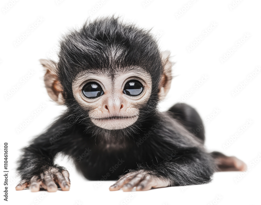 Monkey with big eyes explores its surroundings, cut out - stock png. Monkey with big eyes explores its surroundings, cut out - stock png.