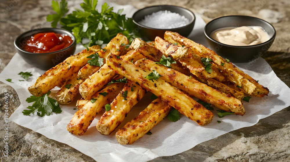 Golden crispy fries on white parchment paper with a sprinkle of fresh parsley and coarse sea salt. Golden crispy fries on white parchment paper with a sprinkle of fresh parsley and coarse sea salt.