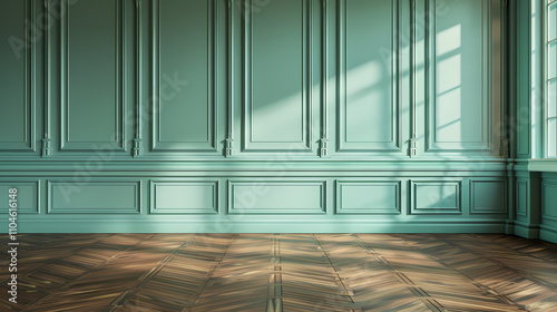 Serene Teal Room  Sunlight streams through a window onto a beautifully paneled wall  casting soft shadows on the rich  dark hardwood floor. The walls are a calming teal.
