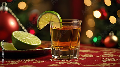 Tequila shot with lime wedge, Christmas lights background.