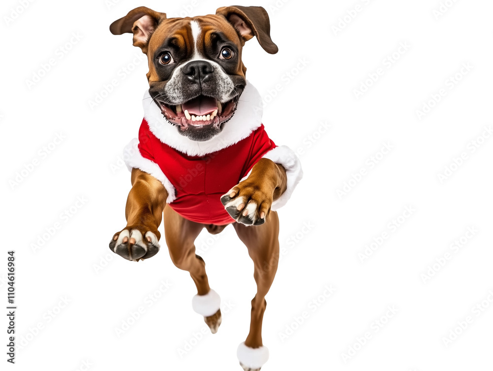 Full body shot of Boxer dog, running happily, smiling. Wearing Christmas costume. Full body shot of Boxer dog, running happily, smiling. Wearing Christmas costume.