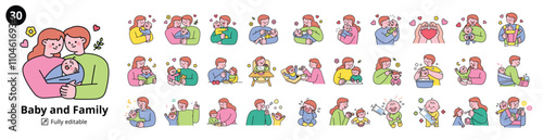 Baby and Family Mega Set. Parents caring for babies. outline simple vector illustration.