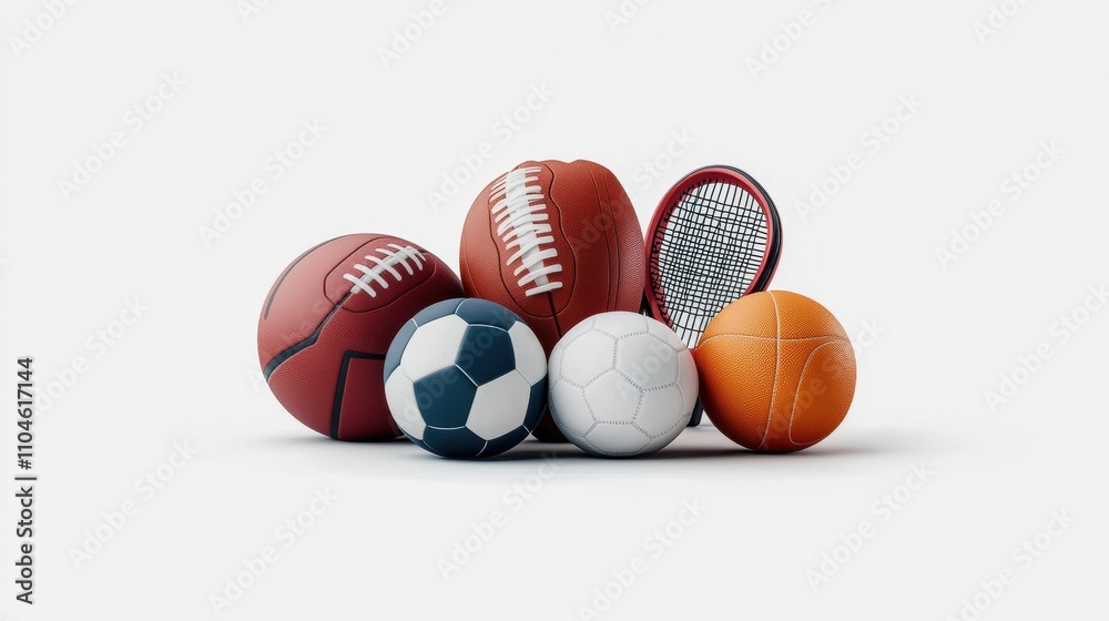 Collection of Various Sport Balls and a Racket on White Background, Including Football, Basketball, Tennis, Soccer, Volleyball, and Baseball for Active Lifestyle Themes Collection of Various Sport Balls and a Racket on White Background, Including Football, Basketball, Tennis, Soccer, Volleyball, and Baseball for Active Lifestyle Themes