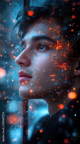 A young man looks out a window with a cityscape superimposed on his face, representing the fusion of technology and human consciousness.