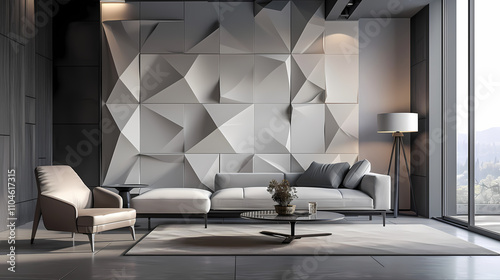 Geometric Minimalism: A contemporary living room with an eye-catching geometric 3D wall panel, sleek sofa, and modern furnishings, creating a sophisticated and minimalist design aesthetic.  