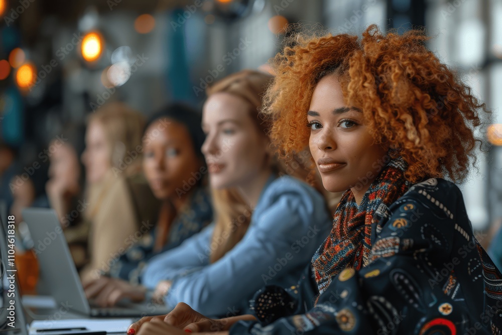 Diverse businesswomen collaborating in office on project ideas using laptops and documents Diverse businesswomen collaborating in office on project ideas using laptops and documents