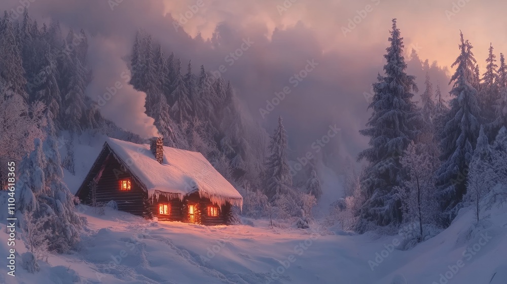 Cozy Winter Cabin Surrounded by Snowy Forest at Dusk