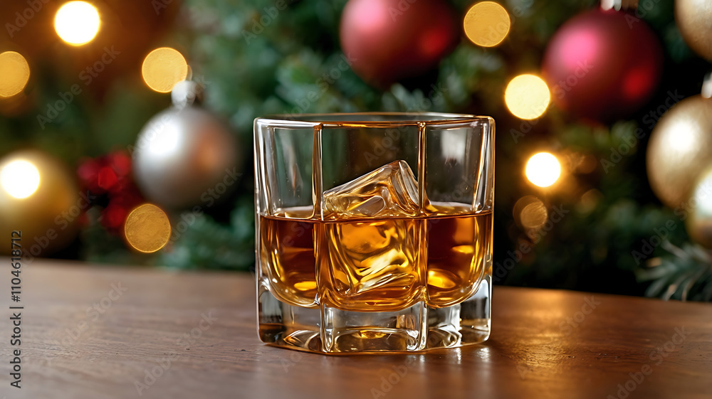 Whiskey in rocks glass with Christmas lights background.