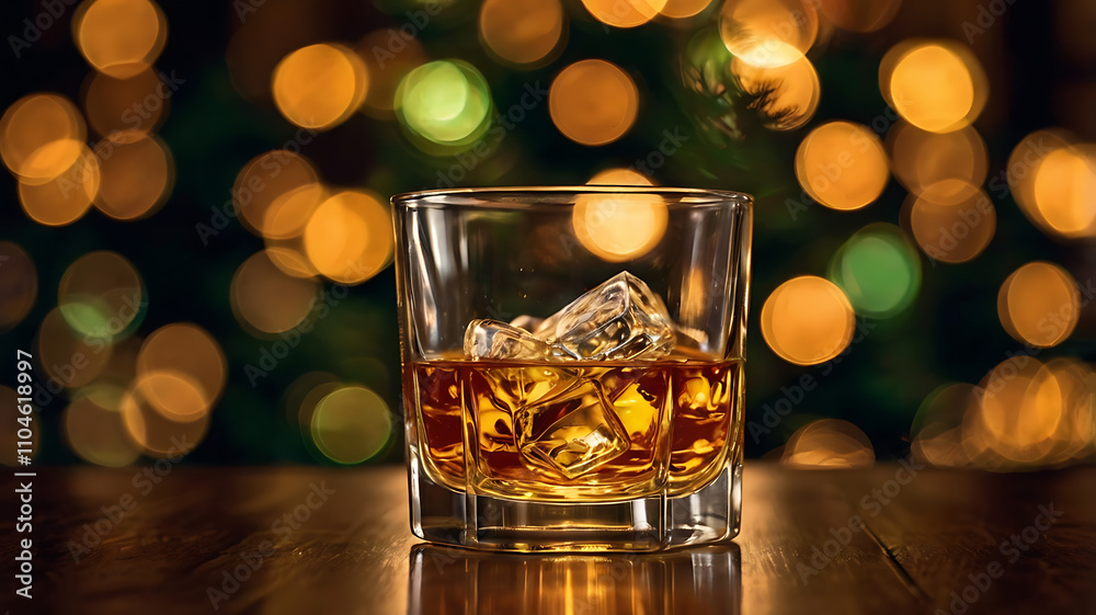 Whiskey on the rocks in a rocks glass, with a bokeh Christmas tree background. Whiskey on the rocks in a rocks glass, with a bokeh Christmas tree background.