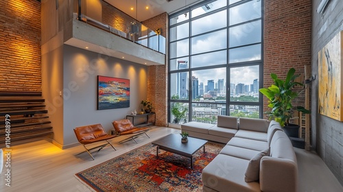 Modern loft apartment interior with city view, large windows, and exposed brick walls.