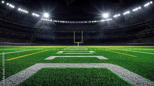 American Football Stadium Illuminated by Lights with Fans and Green Field at Night