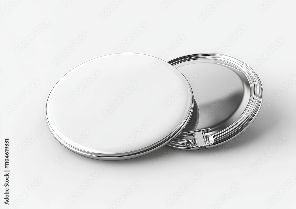 Minimalistic Silver Pinback Button on Smooth White Surface Minimalistic Silver Pinback Button on Smooth White Surface